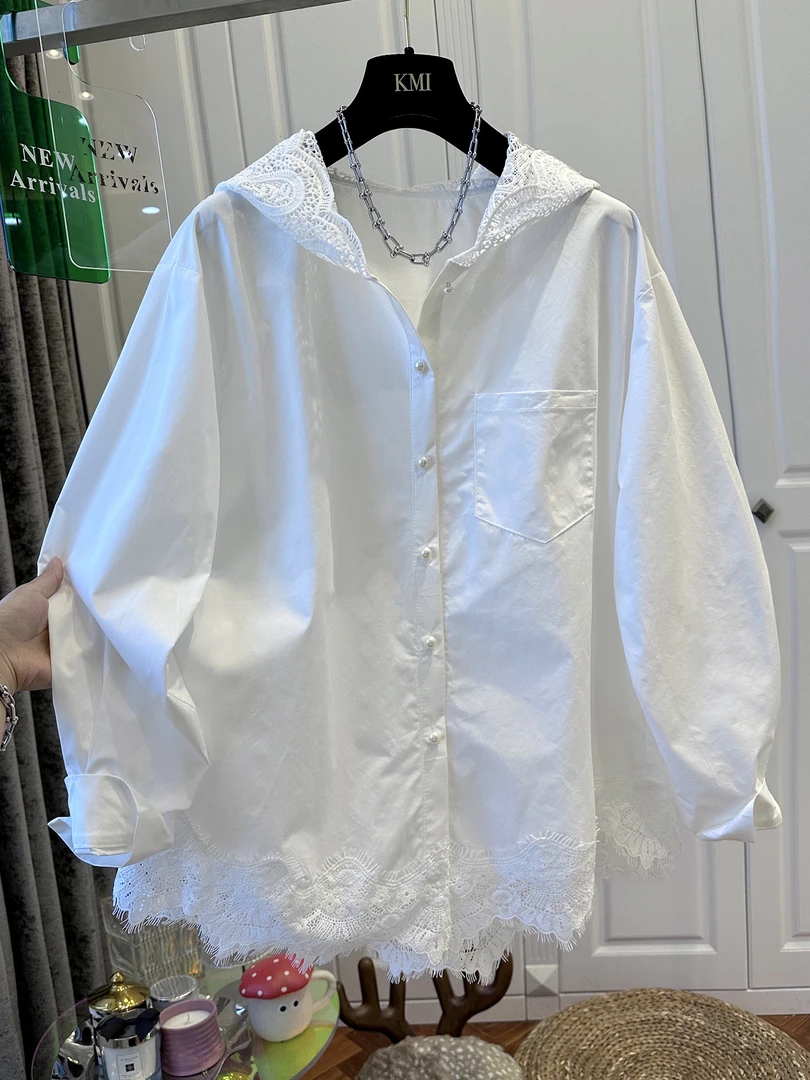 欧洲站拼接连帽花边下摆长袖蕾丝衫女衬衣洋气宽松秋季款2025
