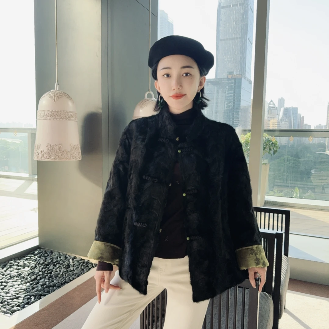 Betty Bairn【溪风漾】新中式高奢进口水貂毛立领盘扣两穿外套Q7312