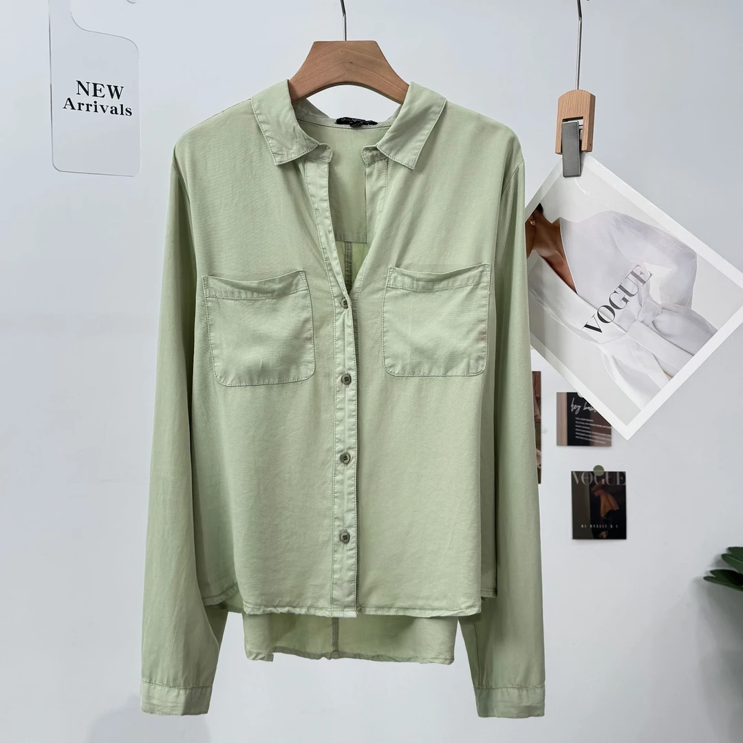 B459老钱风短款双大口袋长袖圆领极简风衬衫绿色简约夏季休闲衬衣