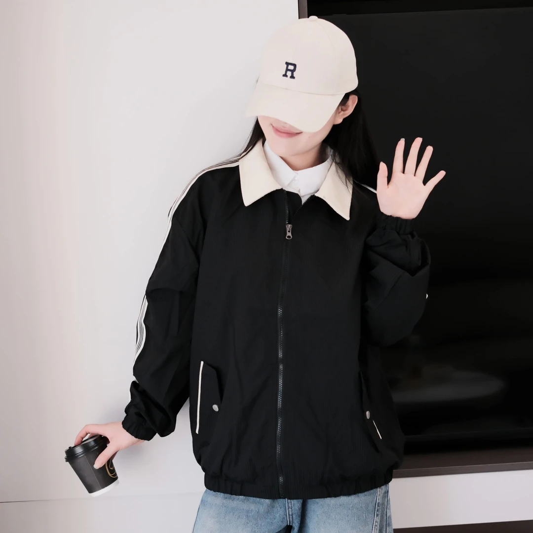 春秋季夹克条纹外套男女百搭运动休闲舒适帅气上衣青年翻领棒球服