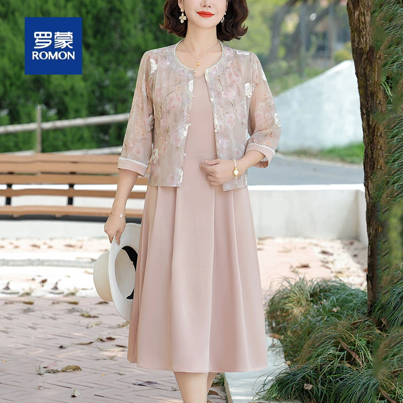 罗蒙贵夫人妈妈夏装新款雪纺连衣裙套装中老年女装夏季气质中长裙
