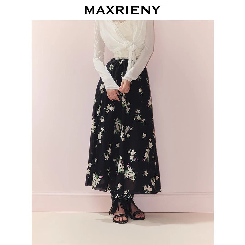 【商场同款】MAXRIENY法式度假风高腰百褶印花半裙秋款a字中长裙