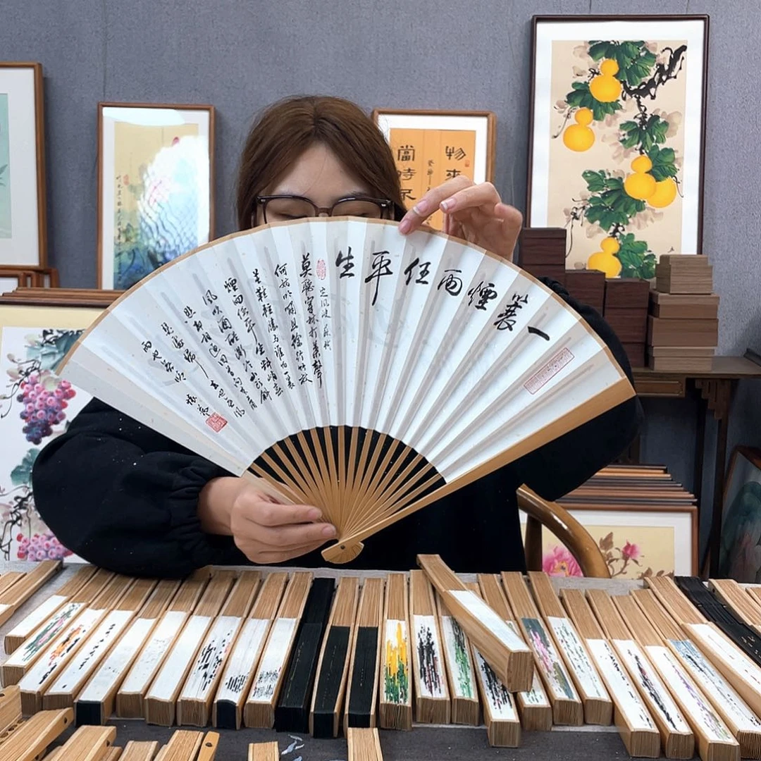国画95寸玉竹-纯手绘-文玩扇骨（默认粘好）定风波