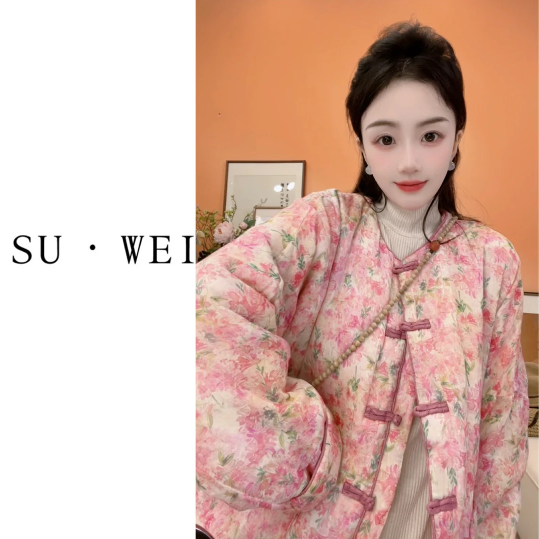 9137新中式国风盘扣花棉袄冬季保暖文艺印花外套