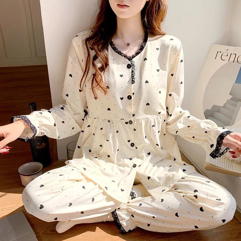 春夏季长袖带胸垫孕妇睡衣公主风产妇产后坐月子服可调节待产衣