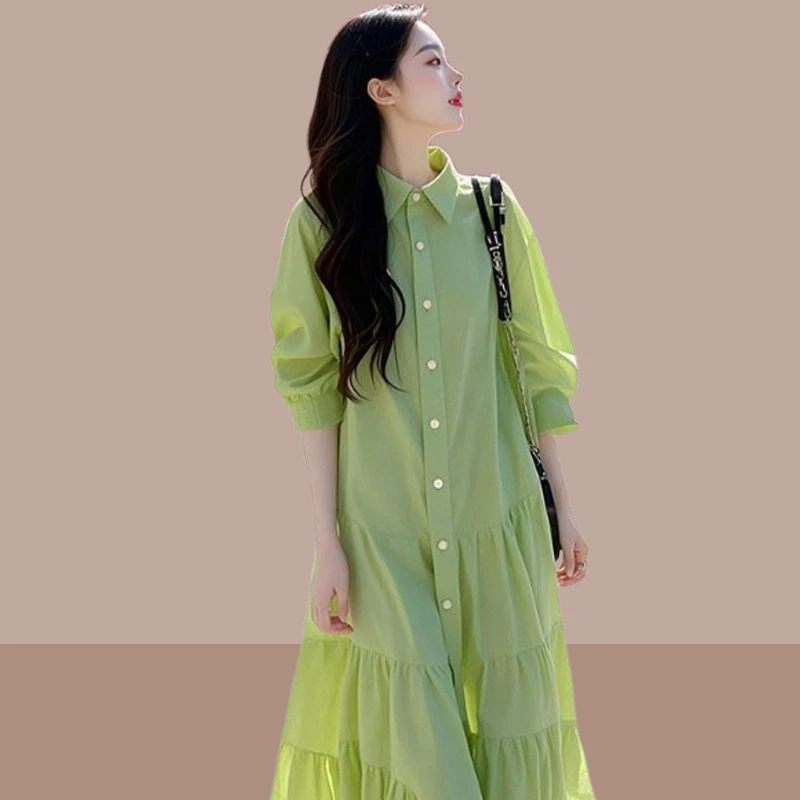 宽松慵懒风绿色荷叶边衬衫连衣裙女2025春夏新款透气设计感裙子女
