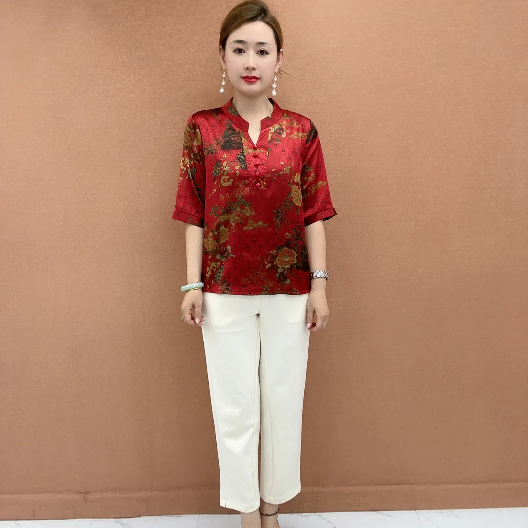 中老年妈妈装中袖T恤气质夏秋装休闲洋气显瘦女上衣宽松复古国风