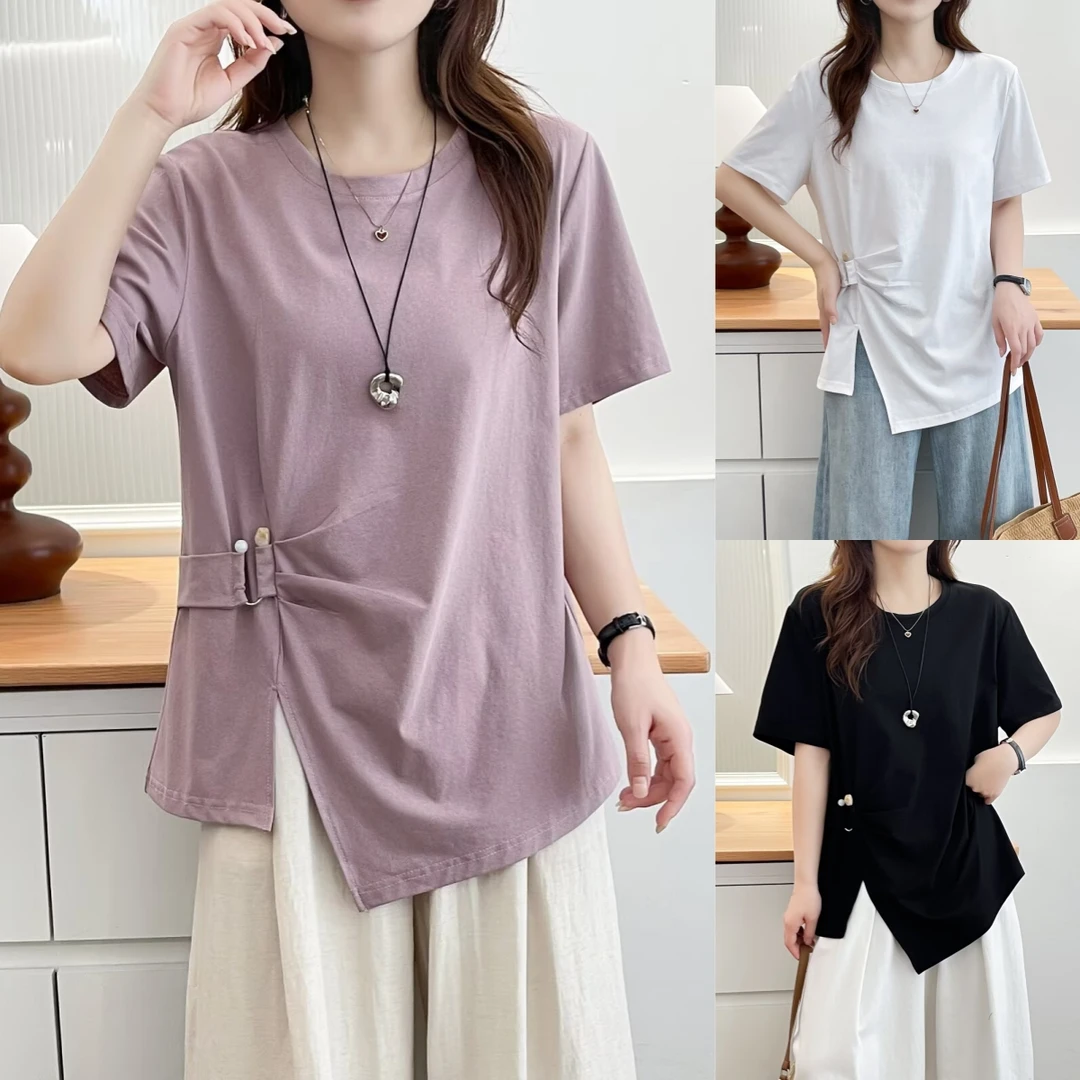 时尚侧边开衩圆领正肩微胖mm大板型加宽加大短袖t恤衫夏季新款