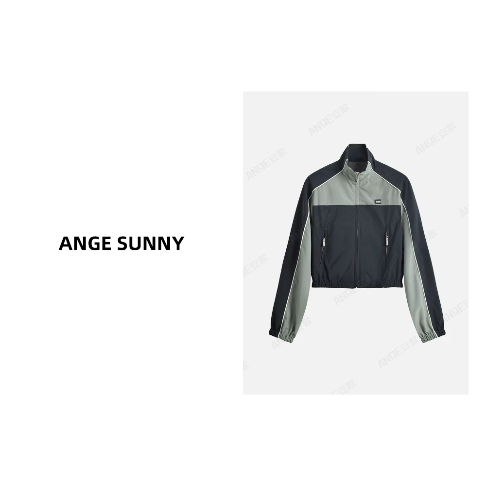 ANGE SUNNY【张元英同款 徽标撞色短外套】拉链口袋立领长袖外套