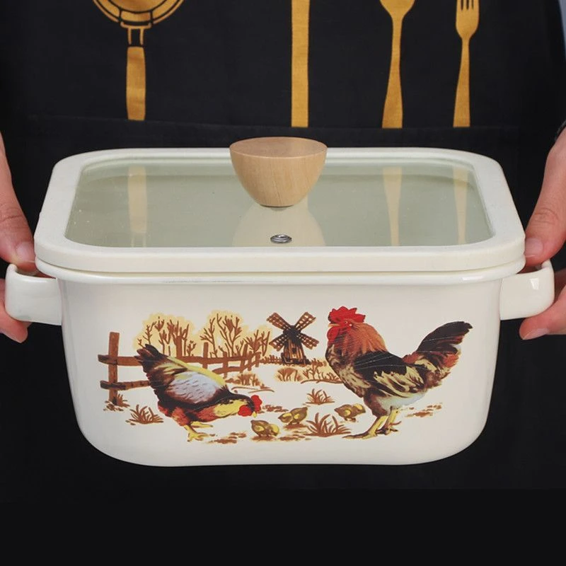 欧丽家珐琅带盖火锅搪瓷锅搪瓷油炸锅加厚汤锅方形双耳炖锅煮面锅