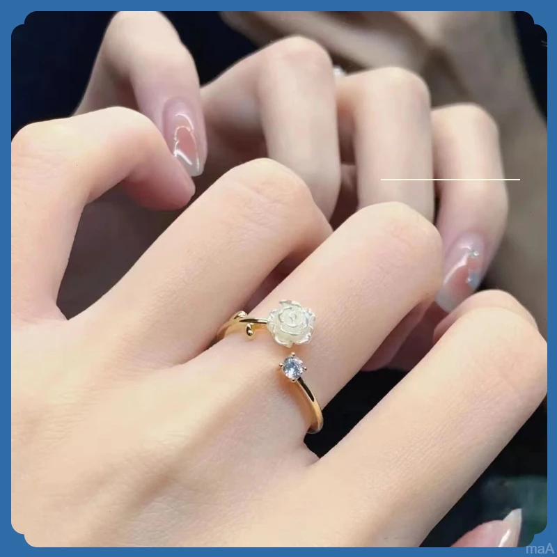 山茶花开口戒指女戒指朵 玫瑰花不锈钢姐妹少女心荆棘个性闺甜美
