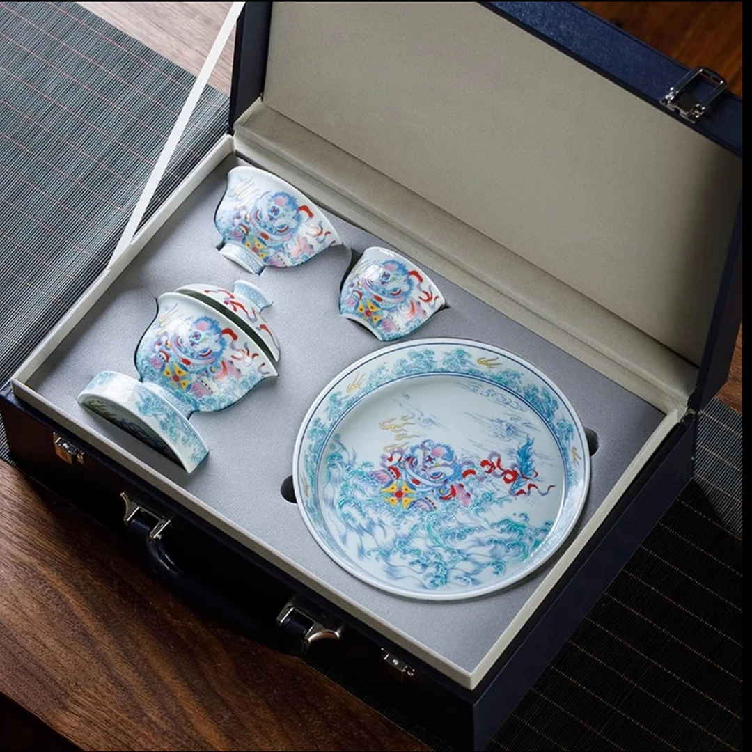 景德镇功夫茶具泡茶器斗彩醒狮盖碗茶杯专用高档轻奢送礼礼盒套装