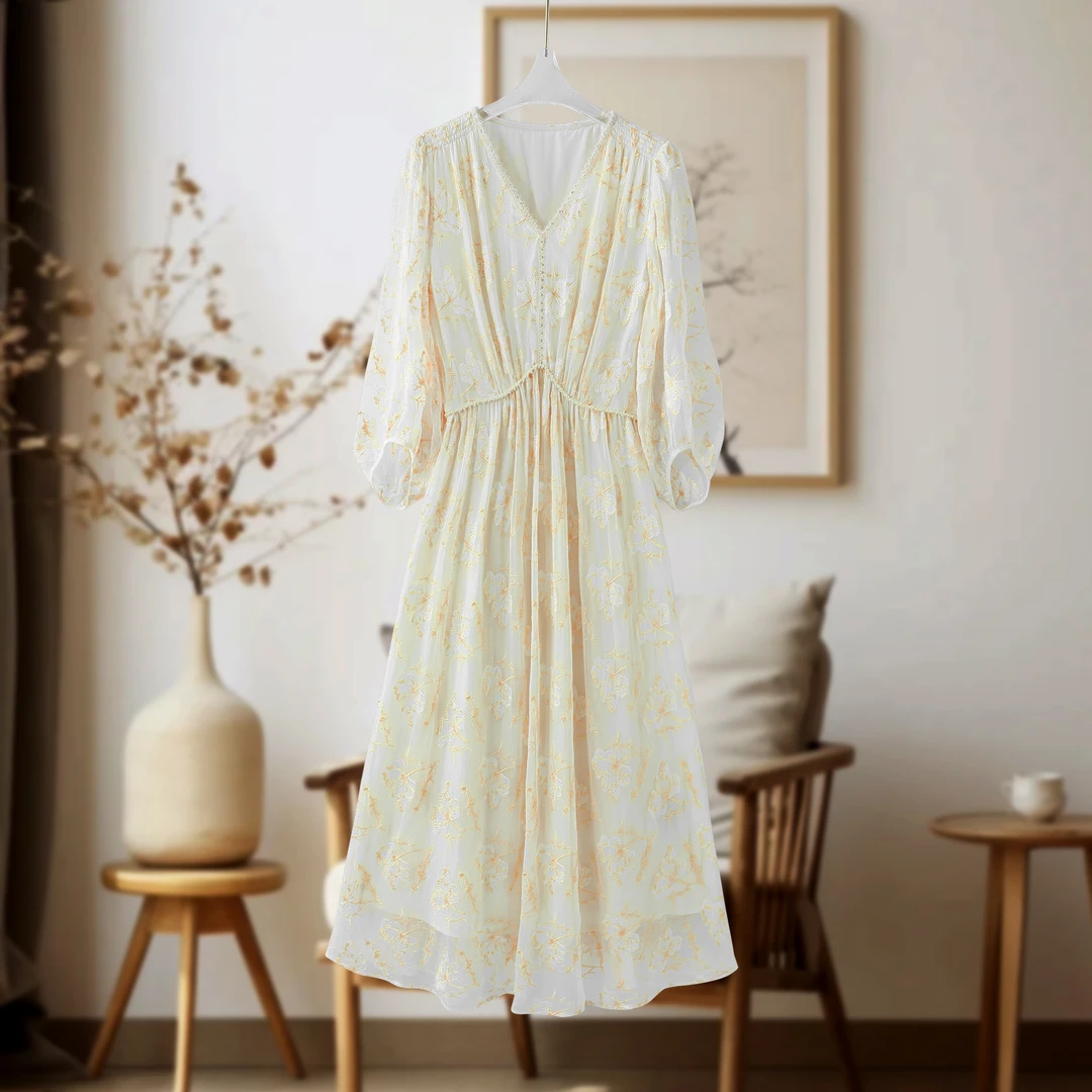 “裳玥丝绸”重磅100%桑蚕丝刺绣V领优雅气质6A真丝女装连衣裙H190