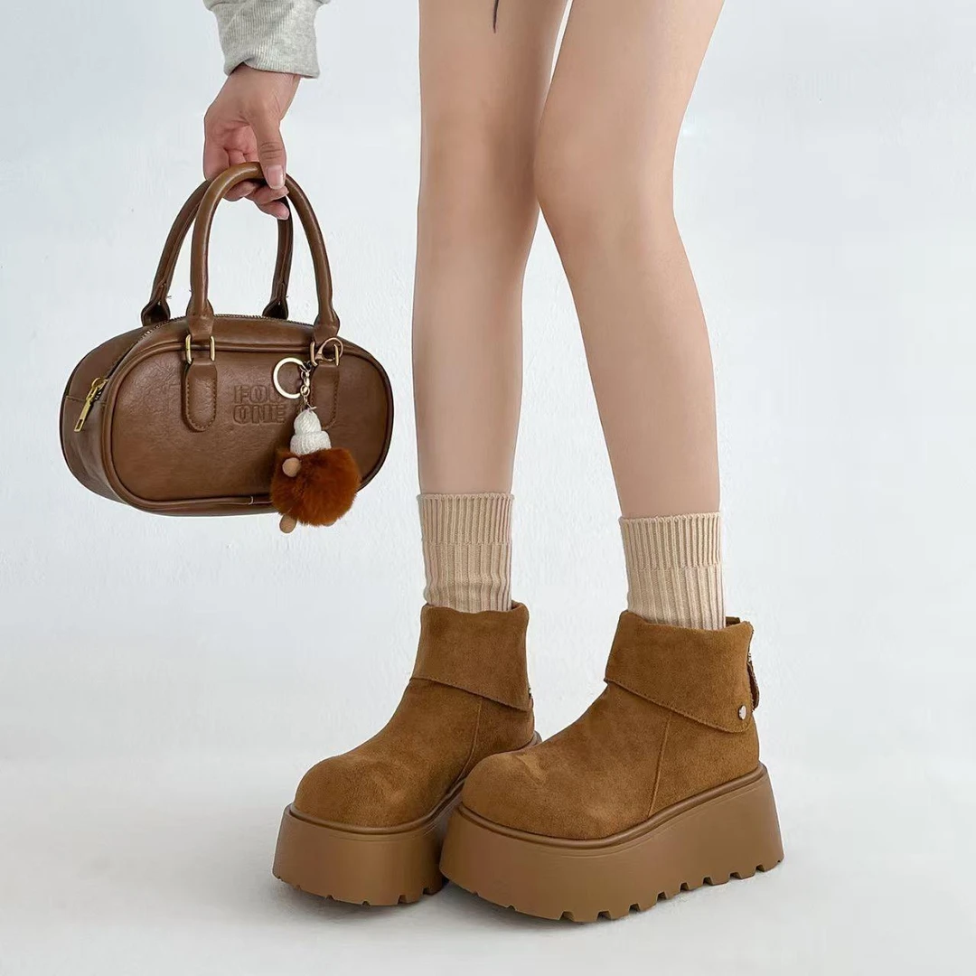 2025新款冬季加绒保暖短靴小个子棉鞋厚底增高雪地靴女勃肯马丁靴