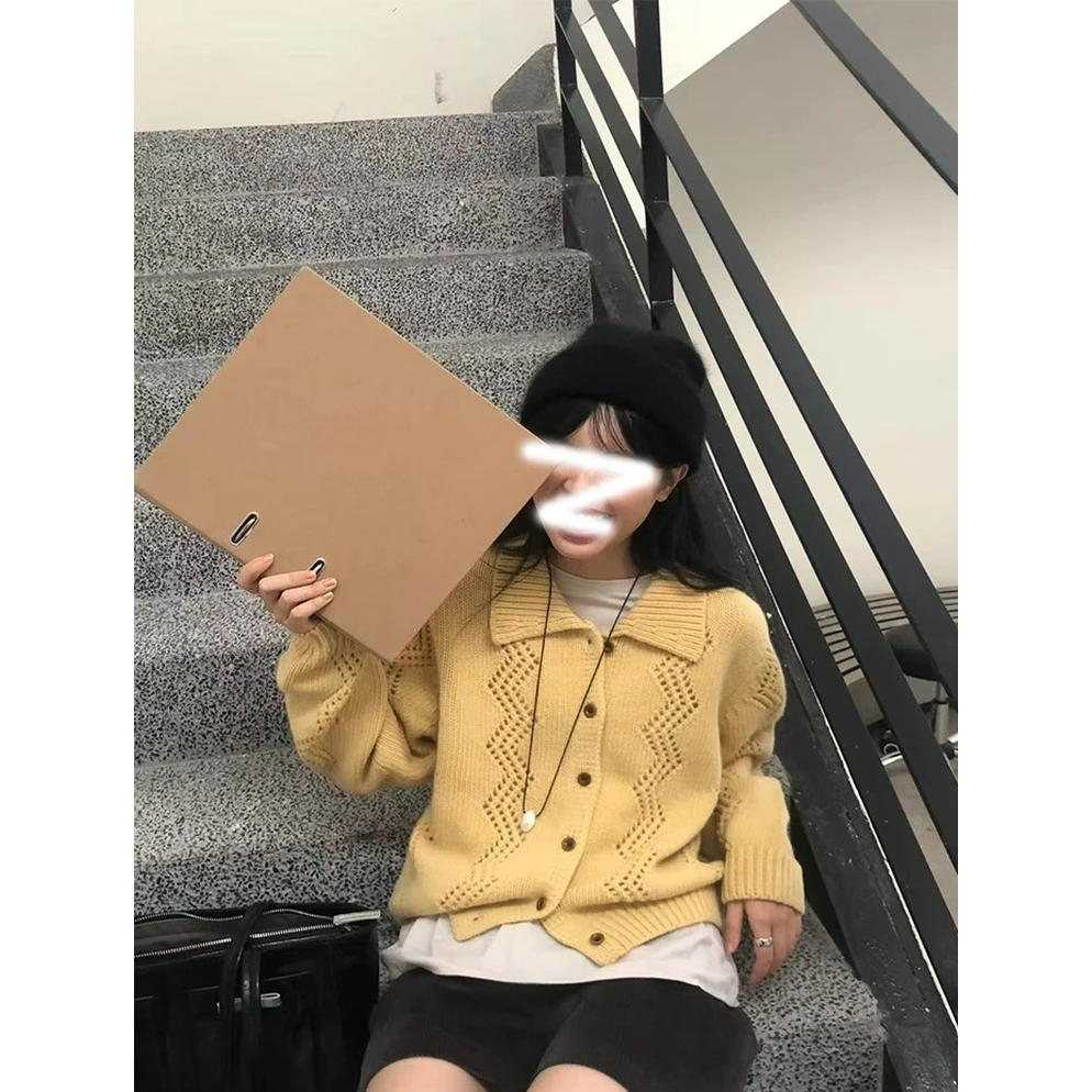 韩国东大门HONE2025秋季新款小鸡黄毛衣外套女外穿镂空翻领针织衫