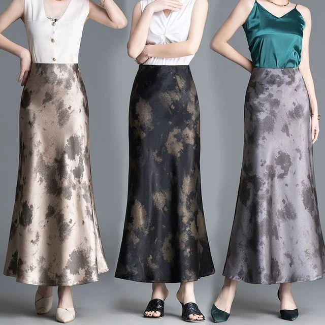 【晕染裙】春夏高级新中式百搭显瘦鱼尾裙长款醋酸缎印花半身裙女