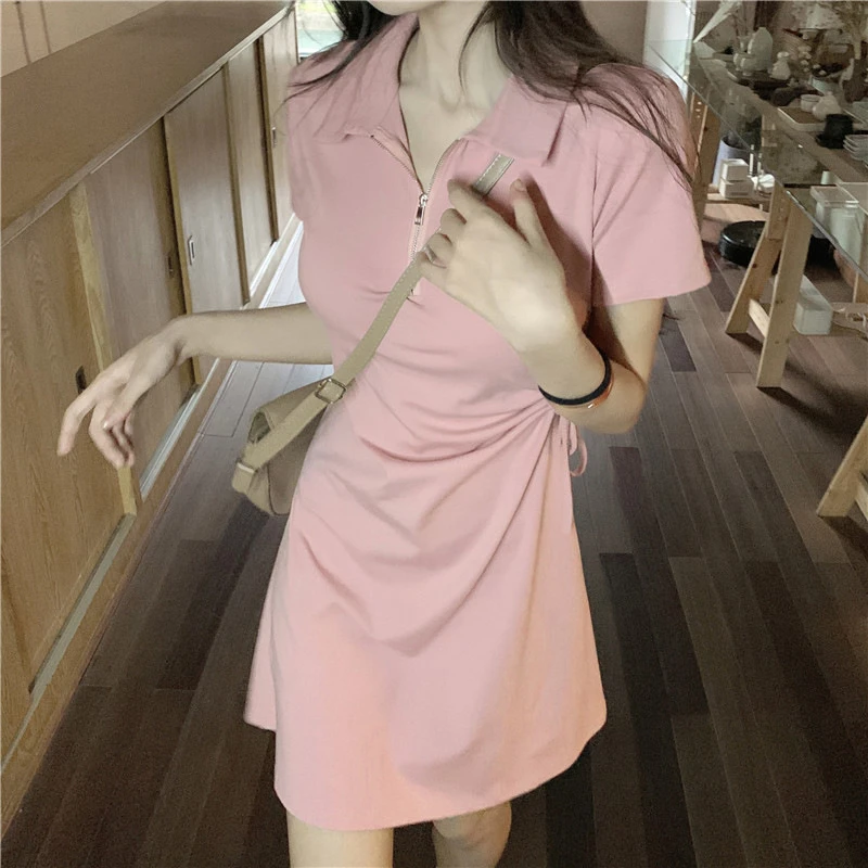 2025夏季法式纯欲粉色抽绳收腰显瘦Polo领连衣裙女百搭a字中长款