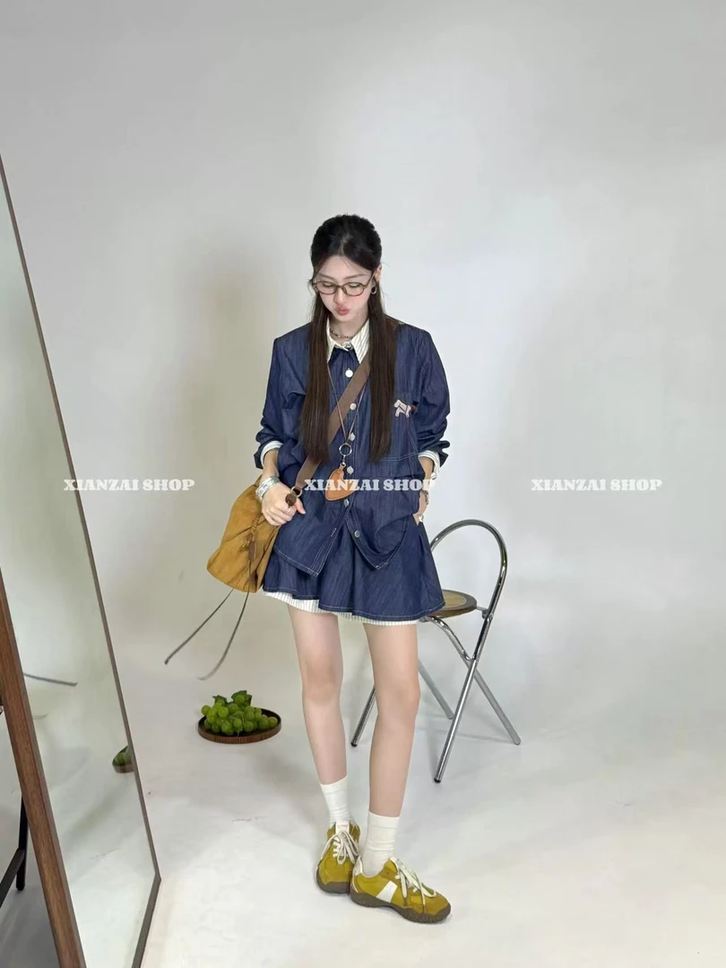 大码韩系休闲设计感套装2025秋季新款翻领衬衫裙裤两件套-25226