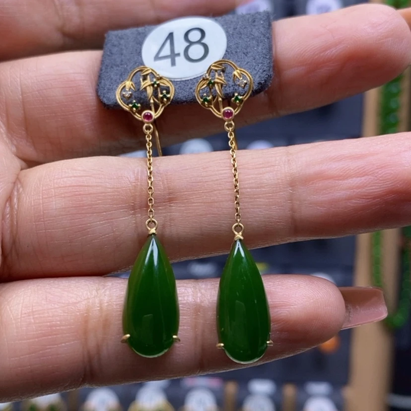 【闪购商品】和田玉耳饰18K金镶嵌18x8x5mm重金耳饰