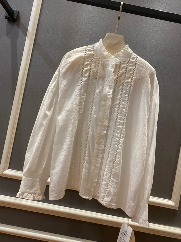 欧都梦·春夏新品 法式镂空棉质复古立领长袖衬衫28588
