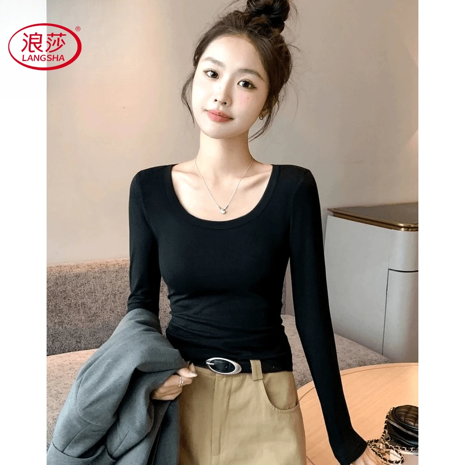 浪莎黑色修身打底衫长袖T恤女棉款U领紧身春秋季低领女士圆领