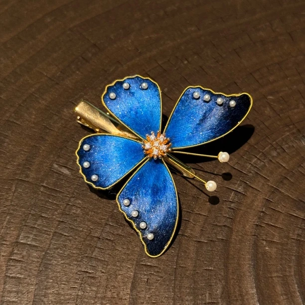 蓝蝴蝶掐丝边夹  非遗绒花掐丝发饰手工绒花头饰
