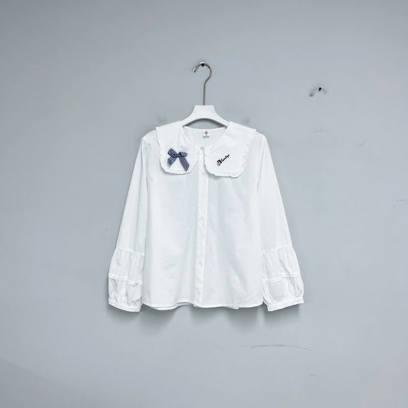 351女装衬衫学院风宽松女上衣打底无领纯色长袖