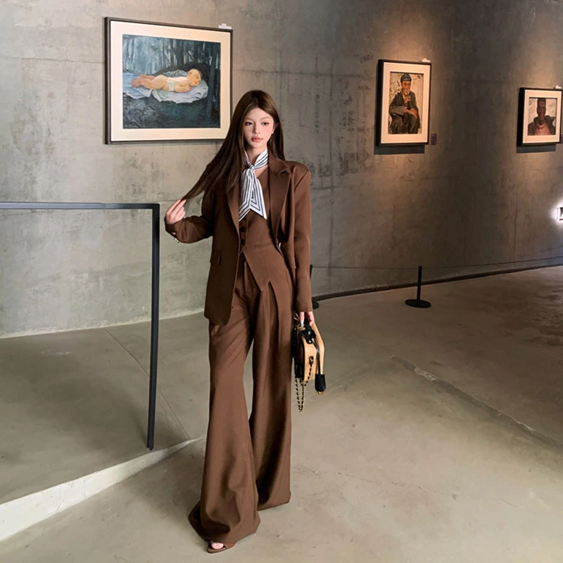 老钱风西装外套套装女2025秋季复古贵姐高级V领马甲阔腿拖地裤