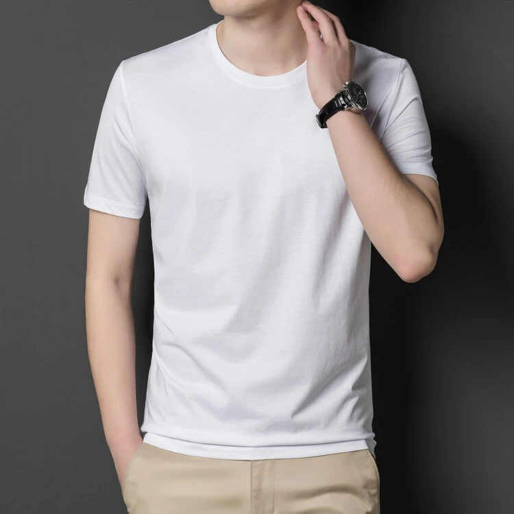 夏季薄款男士含桑蚕丝圆领短袖T恤纯色半袖男体恤衫时尚百搭短袖