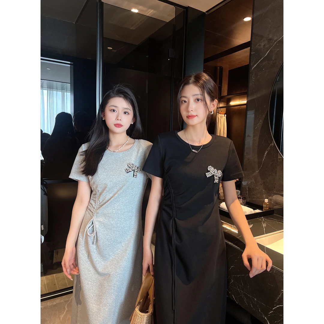 2025夏季新款高端欧货重工钉珠短袖连衣裙女修身显瘦气质长裙