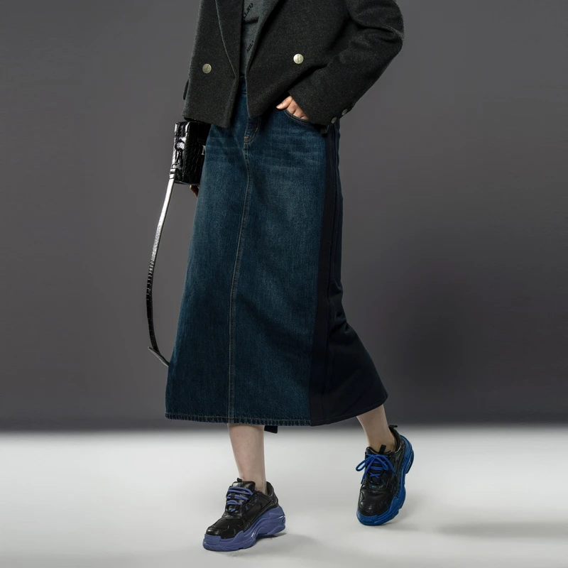 U/TI异材拼接牛仔开衩半裙女装设计感百搭休闲裙