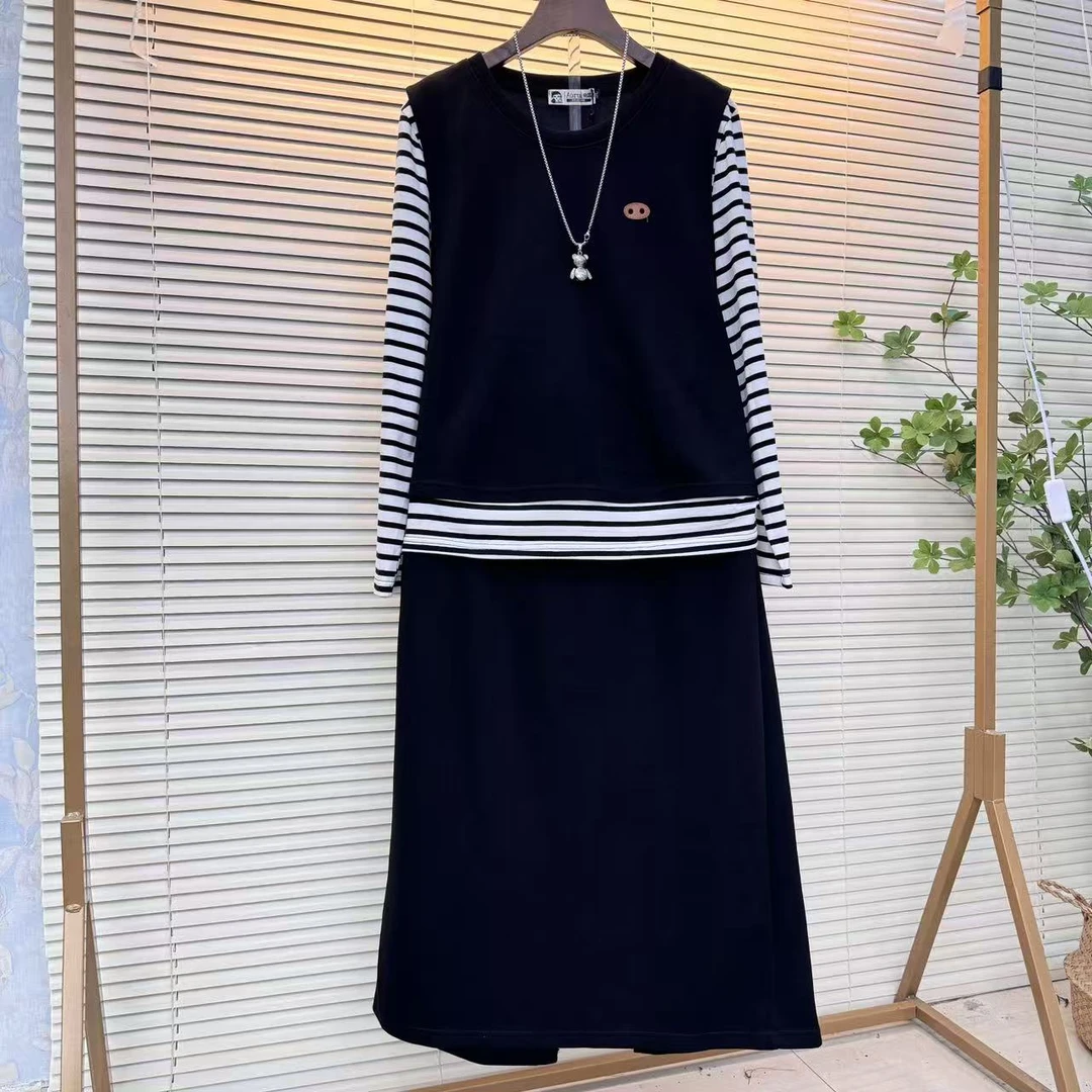 韩系减龄条纹拼接长裙女春季新款套装裙大码胖mm休闲时尚百搭气质