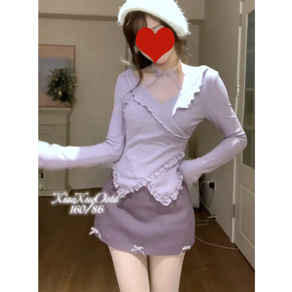 2025春夏季新款纯欲风V领显瘦甜美蕾丝花边长袖上衣+高腰短裙套装