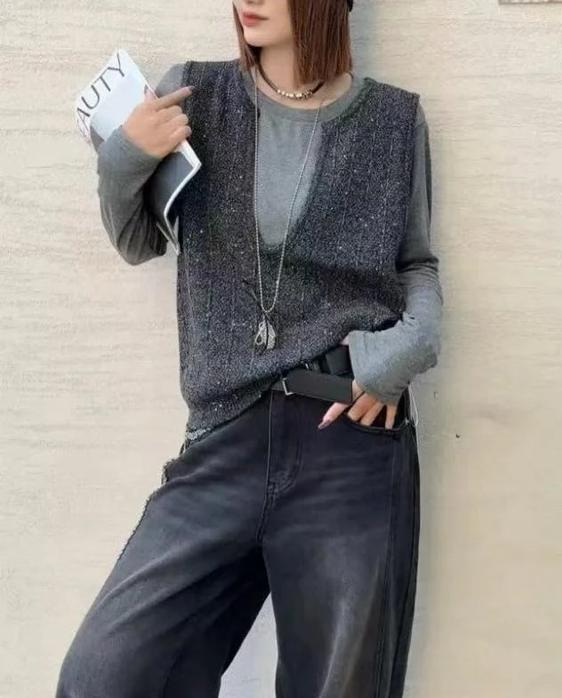 2025秋季新款韩版宽松显瘦羊毛针织背心马甲加T恤套装女潮9898