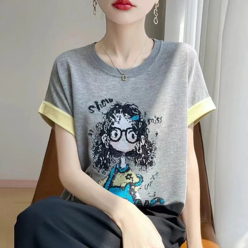 881#气质薄款可爱卡通小女孩圆领短袖女夏季高端新款T恤衫上衣
