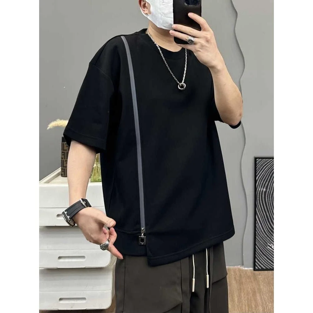 美式拉链短袖t恤男夏季重磅高街痞帅圆领半袖潮牌宽松百搭体恤衫