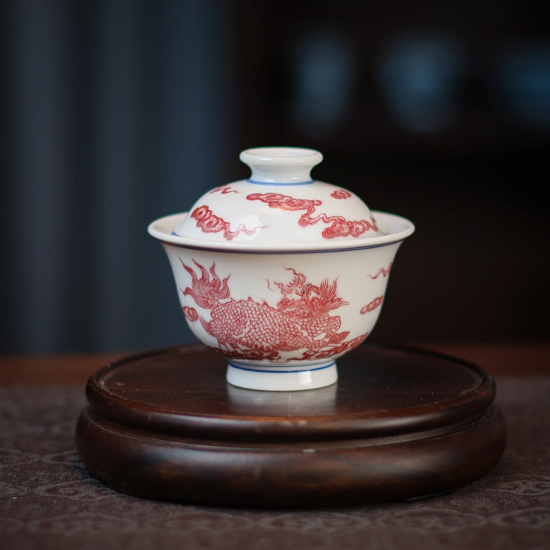莹璨轩景德镇高端陶瓷纯手工手绘原矿釉里红麒麟献瑞天地俩才盖碗