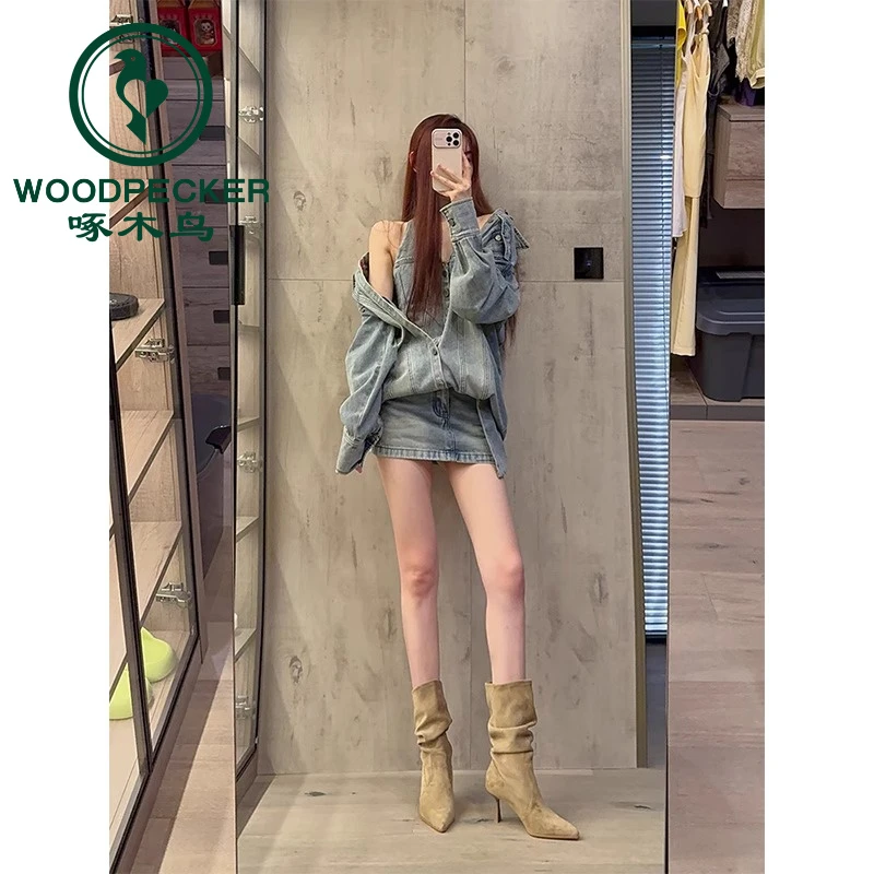 啄木鸟中筒骑士靴女春夏薄款细跟尖头短靴子显瘦高跟马丁靴堆堆靴