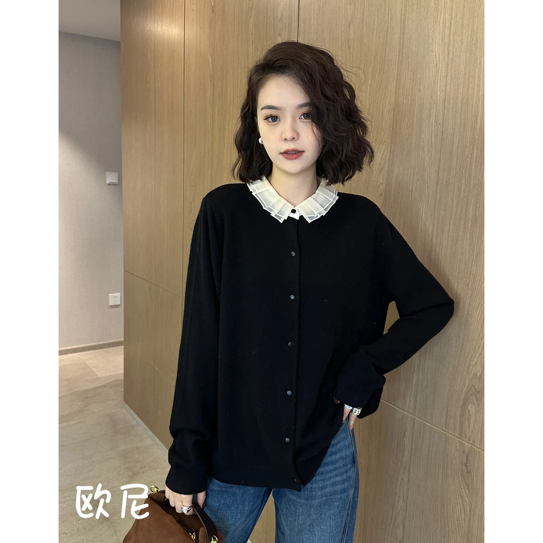 2024夏款 拼接欧根纱领口长袖针织衫A1990