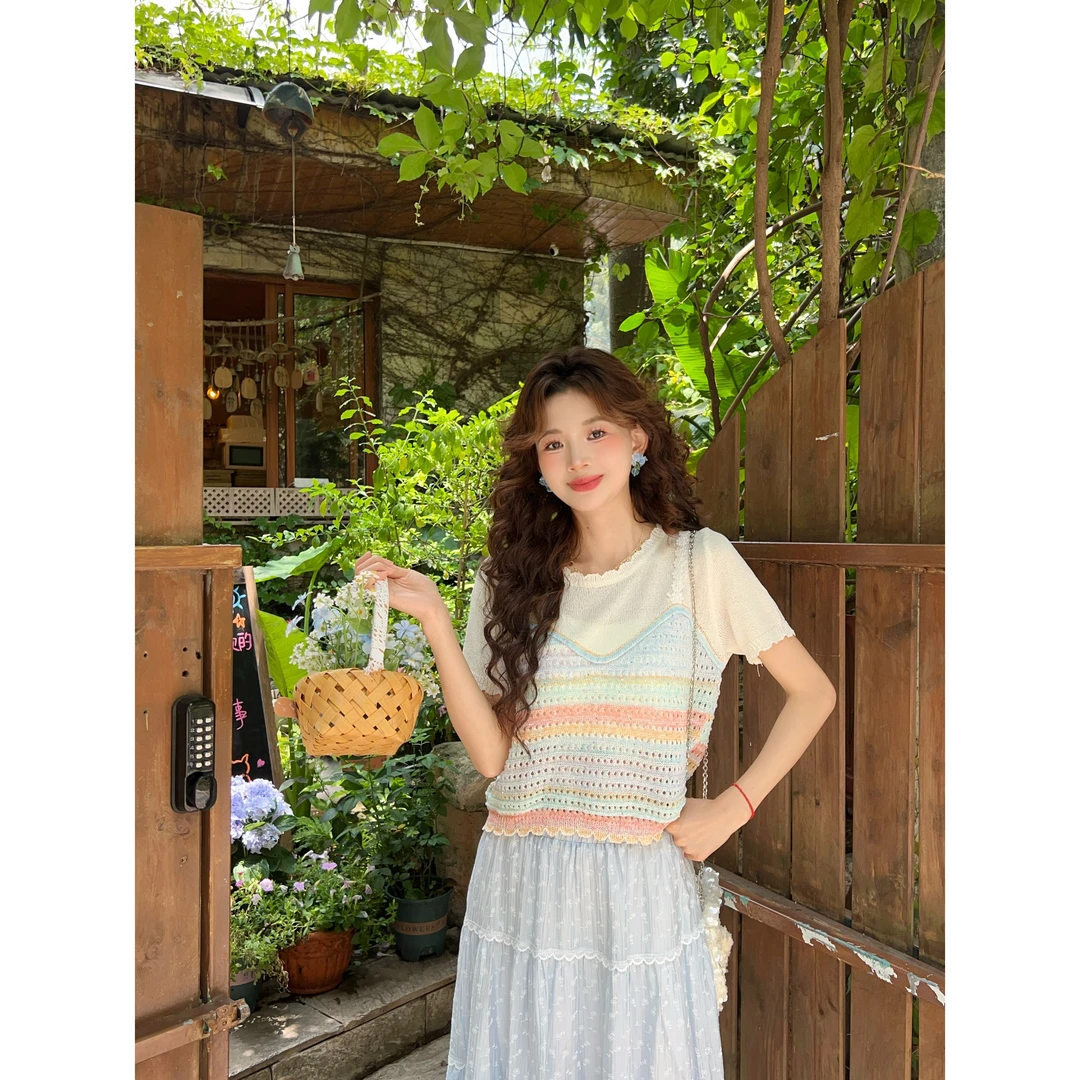 温敏er【山茶梨香】欧若风短袖针织设计感修身假两件上衣MC1988544