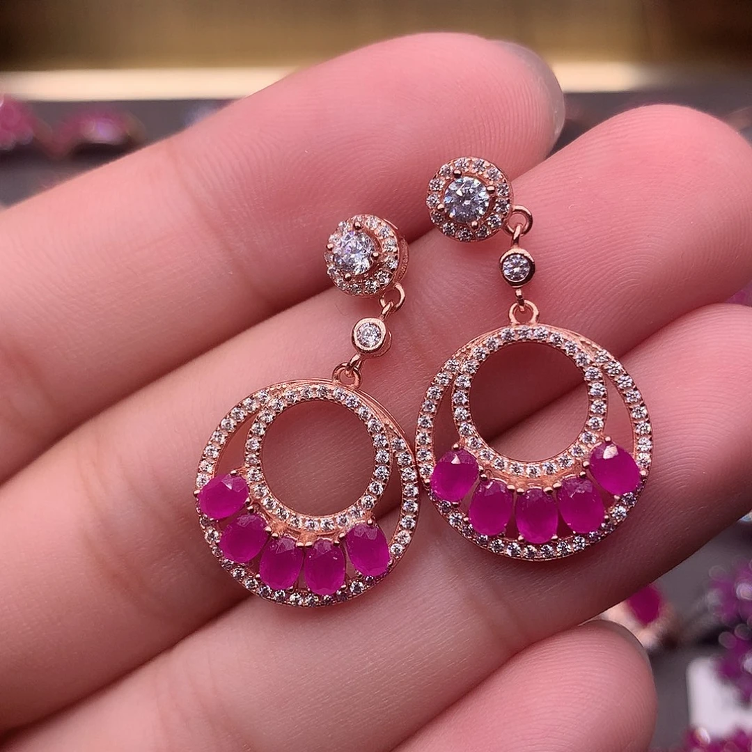 红宝石耳饰银S925镶嵌