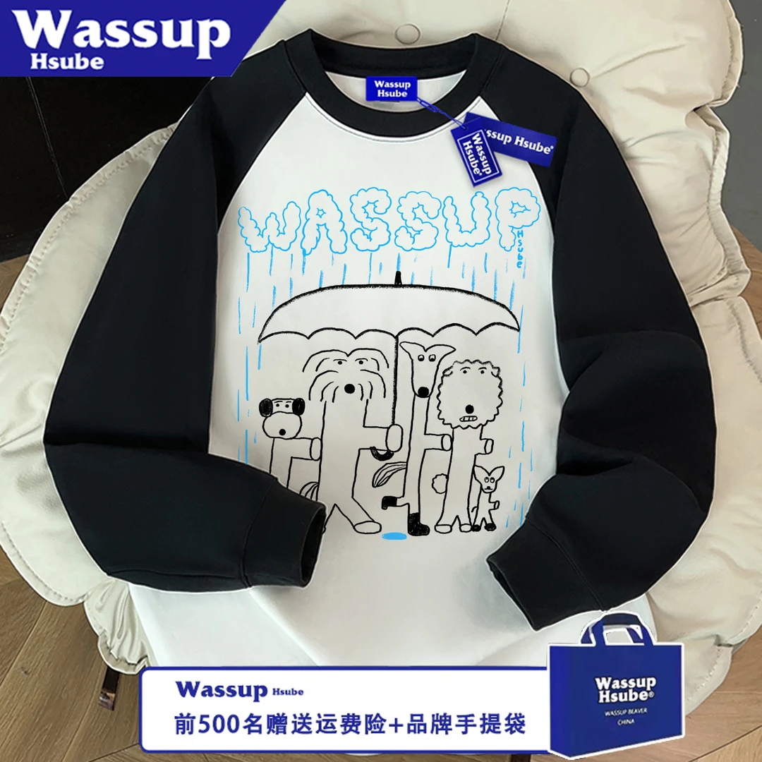 WASSUP HSUBE百搭潮流印花秋冬美式抽象狗狗宽松圆领长袖情侣上衣