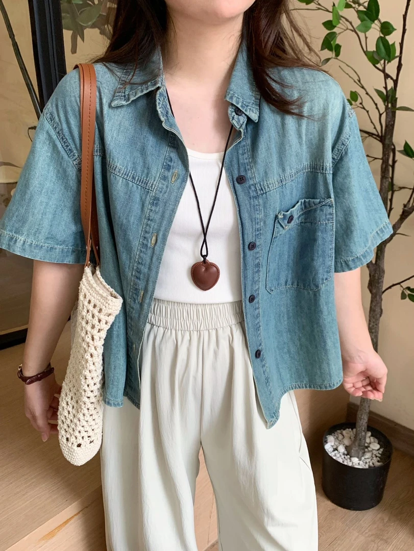 运费补贴小个子秋季洋气百搭显瘦复古软件仔简约口袋短袖牛仔衫女