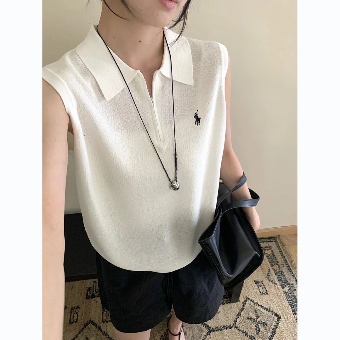 2025夏季新款韩系半拉链polo领刺绣小标纯色简约背心W-362