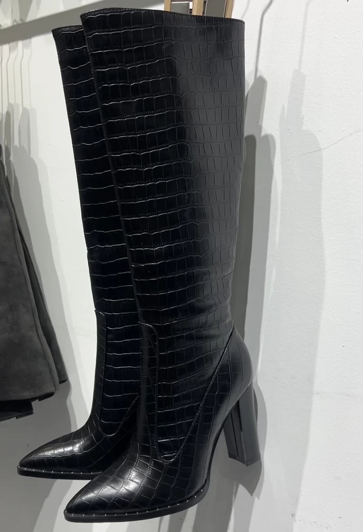 石头纹长筒高跟靴