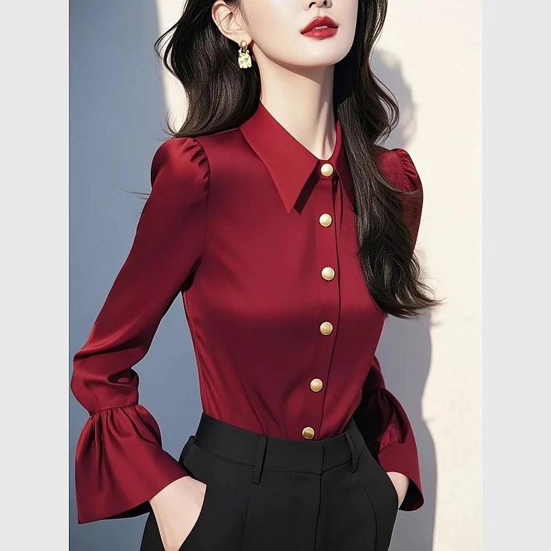 法式气质轻奢高级感独特超好看新年本命年红色醋酸衬衫2025年春季