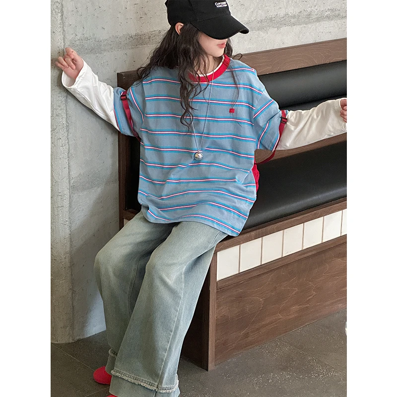 K28059假两件女童长袖T恤2025春装新款儿童时尚条纹上衣春夏大童t