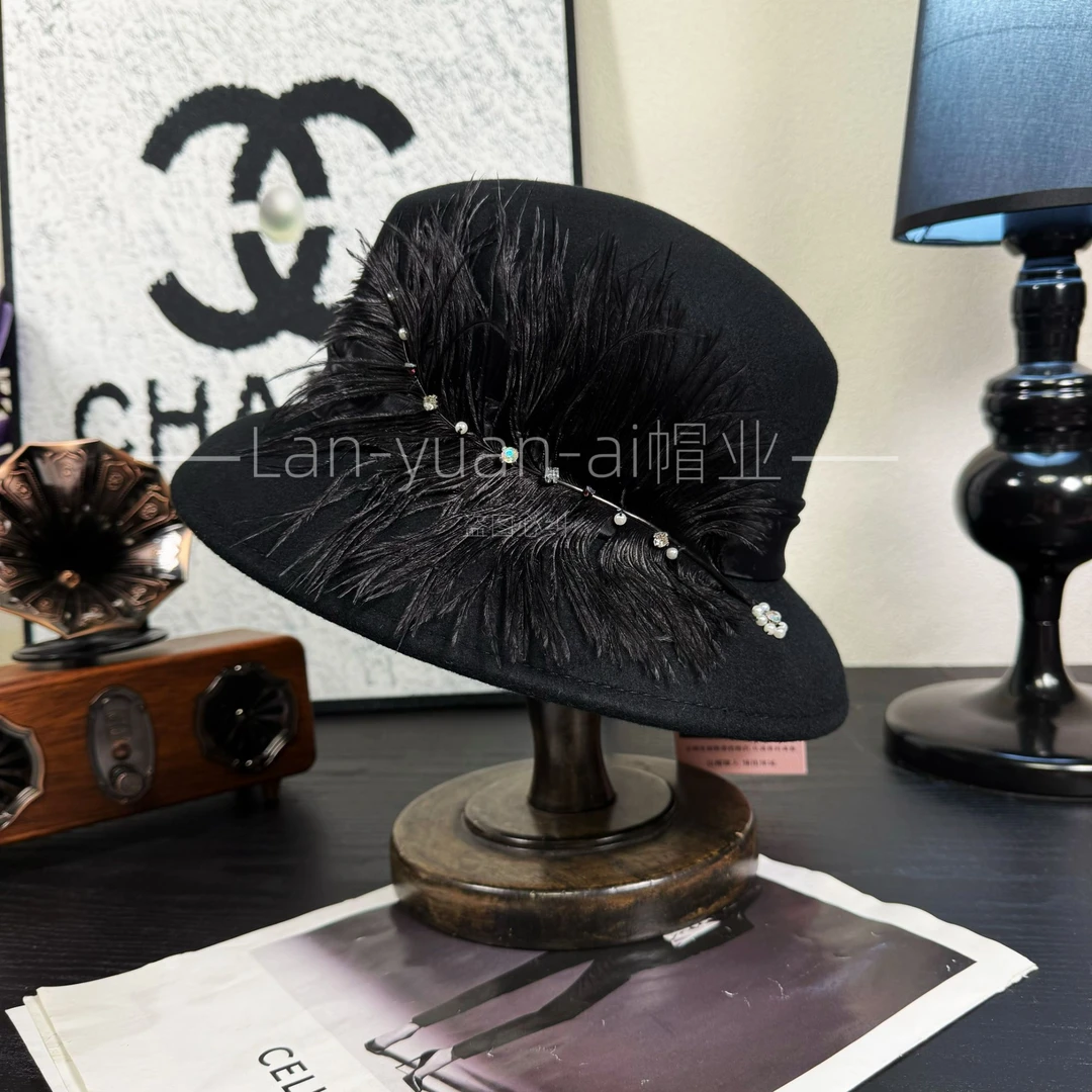 S2245蓝媛爱秋冬定制定型款羊毛羽毛赫本帽
