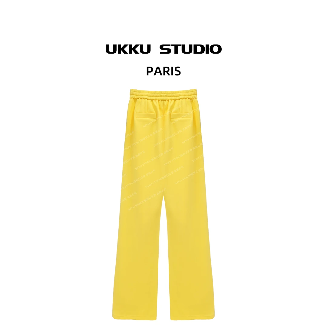 【UKKUSTUDIO】新款轻奢时尚百搭重工高奢黄色宽松抽绳长裤512885