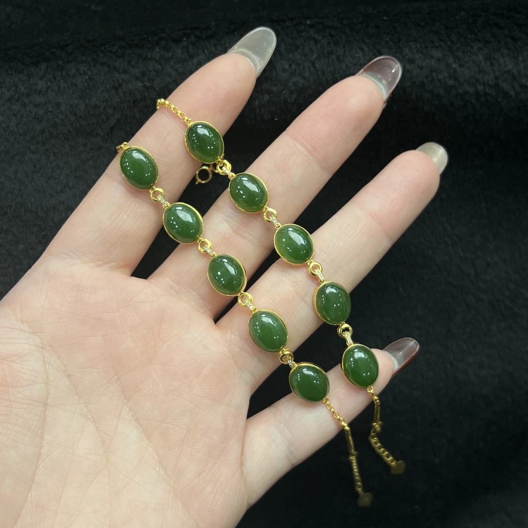 YWF053天然和田玉碧玉果绿18K手链6mm多样性发其一